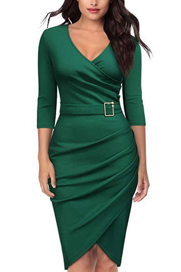 Seven-quarter Sleeves V Neck Solid Color Slim Dress