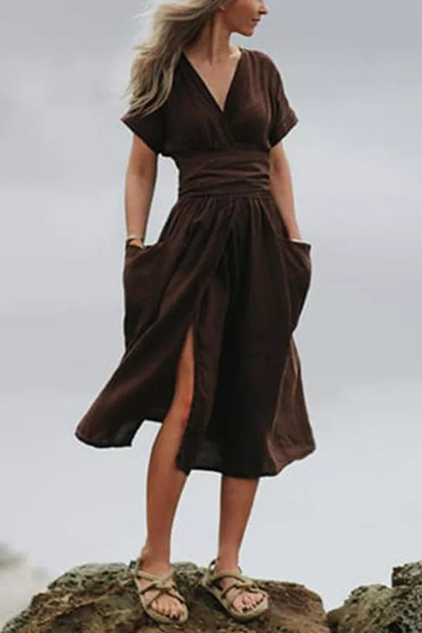 Forever Yours Belt High Waist Cotton- Linen Dress