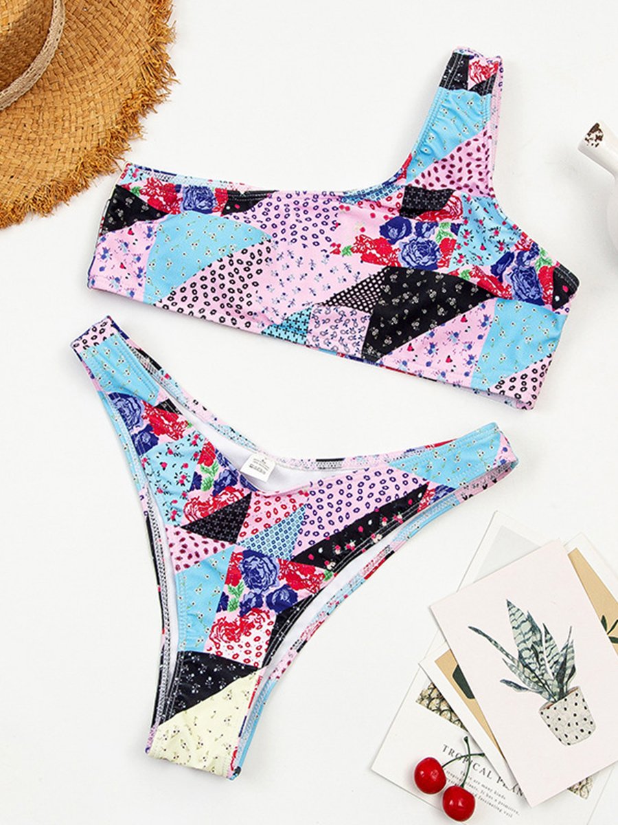 Spliced Floral Two-piece Bikini Set