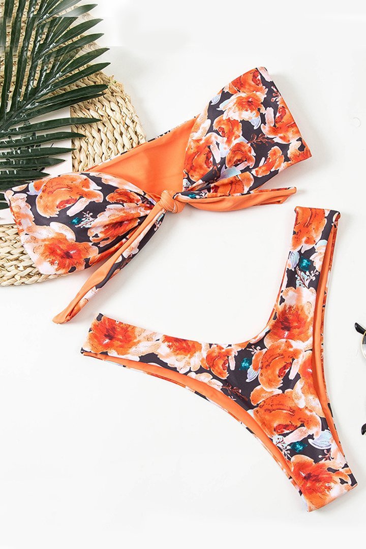 Bandeau Floral Print Knot Orange Bikini Set