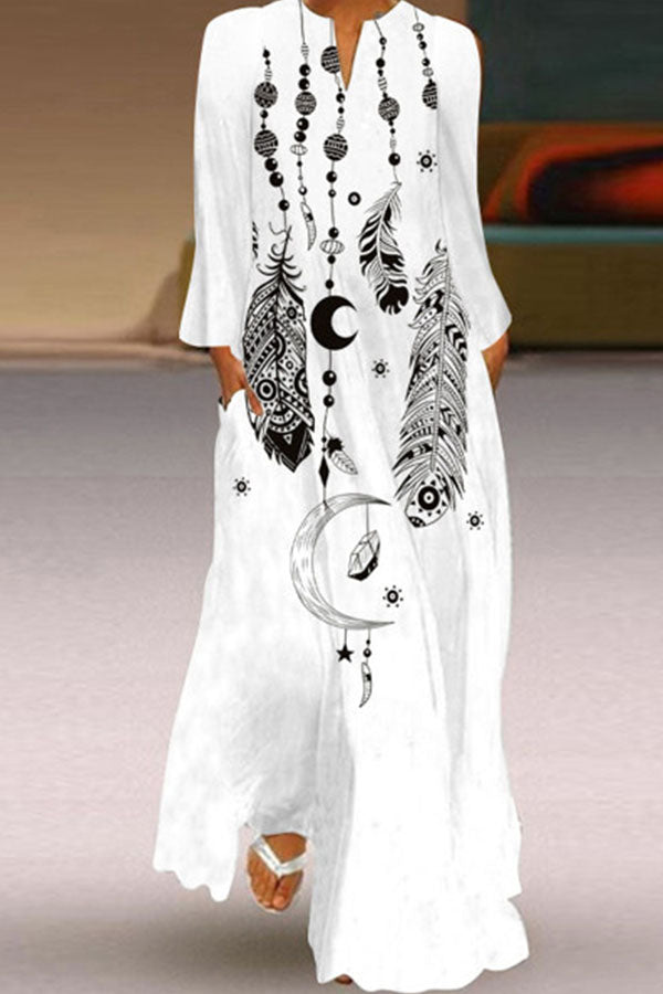Printed V-neck Long Sleeve Dress