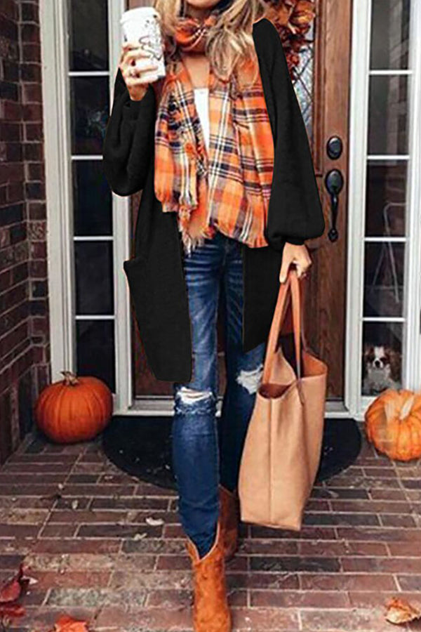 Loose Lantern Sleeve Orange Knitted Coat