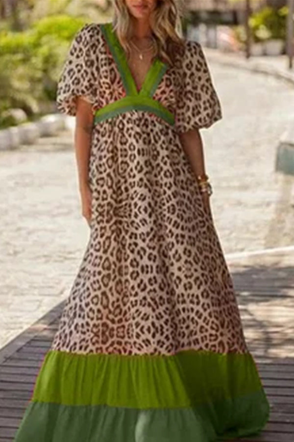 Deep V-Neck Leopard Color Block Maxi Dress