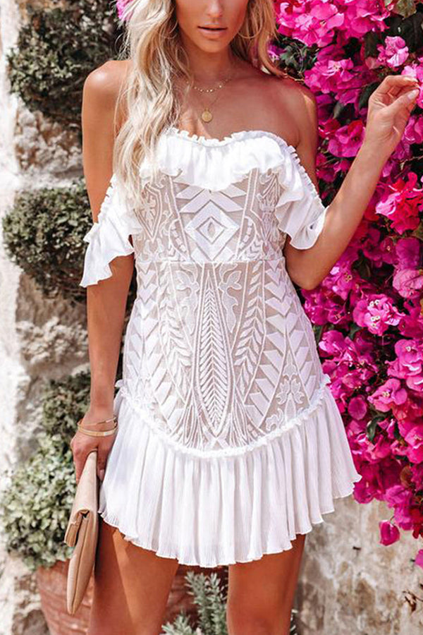 Bouquet Toss Lace Off The Shoulder Pleated Ruffle Dress