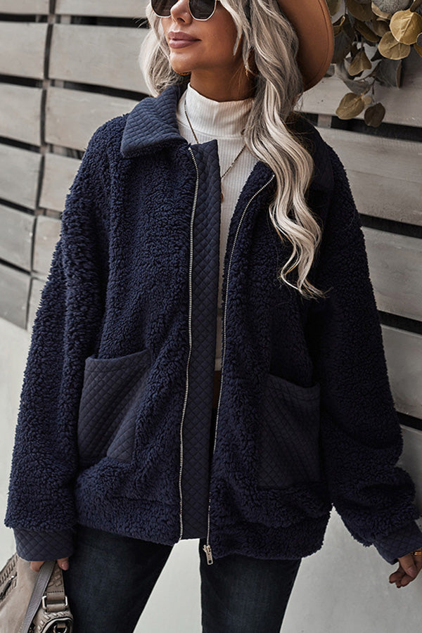 Long Sleeve Pocket Detail Zip Up Teddy Coat