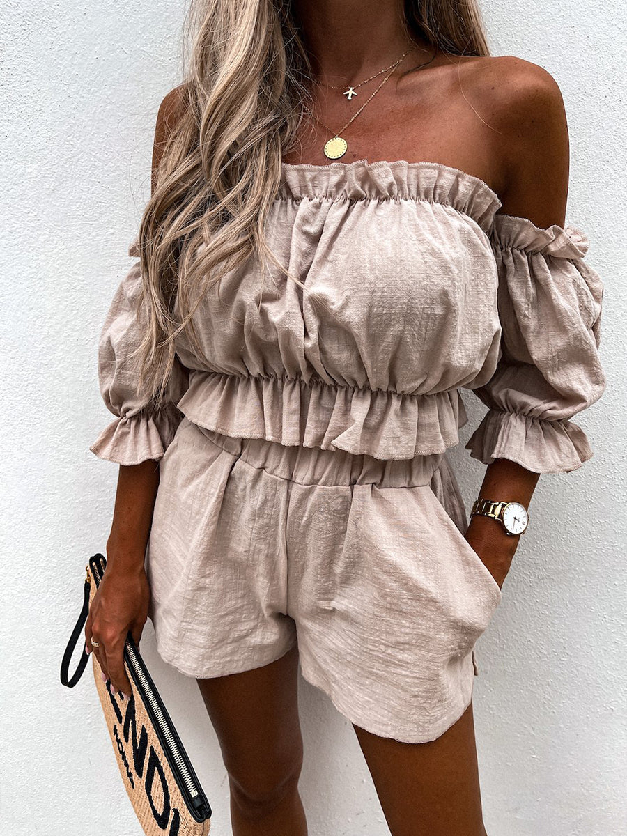 Unique Summer Off Shoulder Linen Shorts Suit