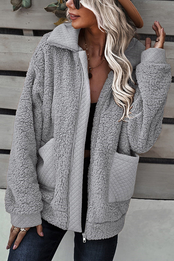 Long Sleeve Pocket Detail Zip Up Teddy Coat