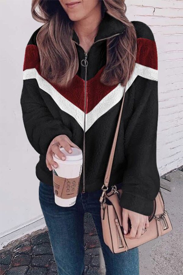 Cozy Colorblock Chevron Zipper Faux Jacket