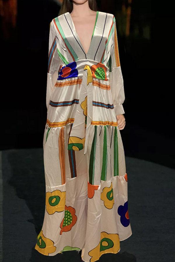 V-neck Printed Satin Dress