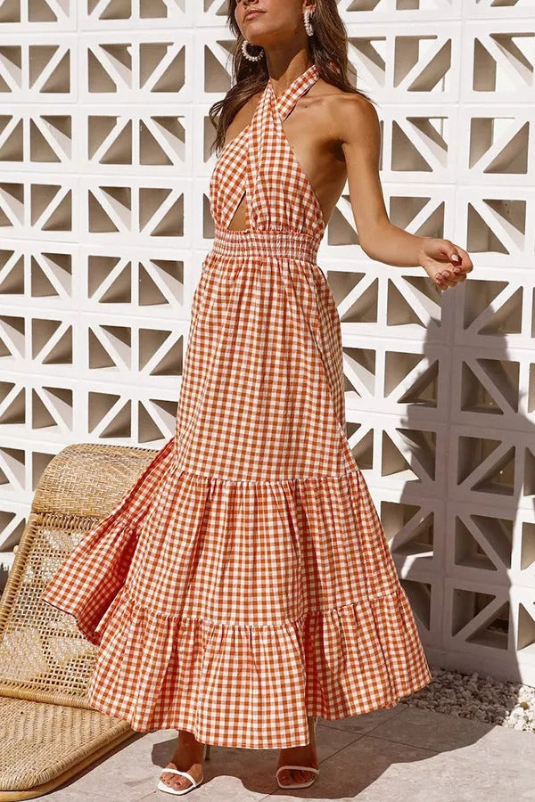 Lovely Dear Cross Halter Neck Plaid Maxi Dress
