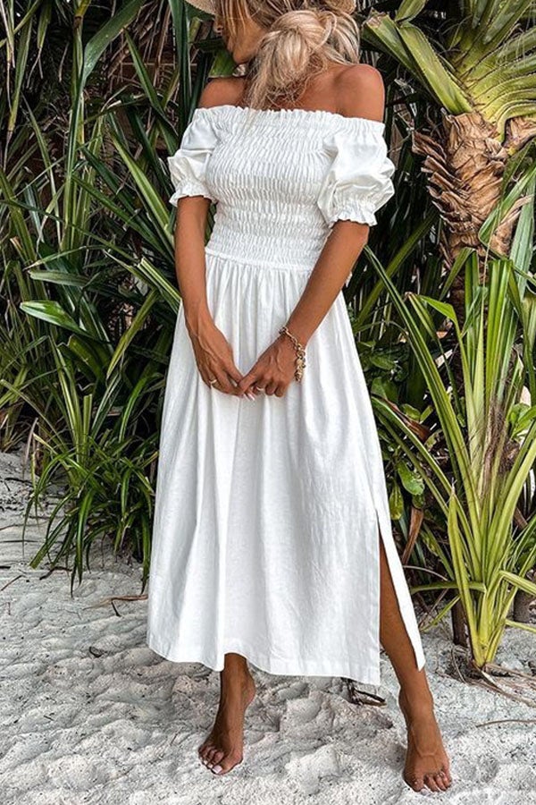 Forever After All Smocked Off Shoulder Slit Dress
