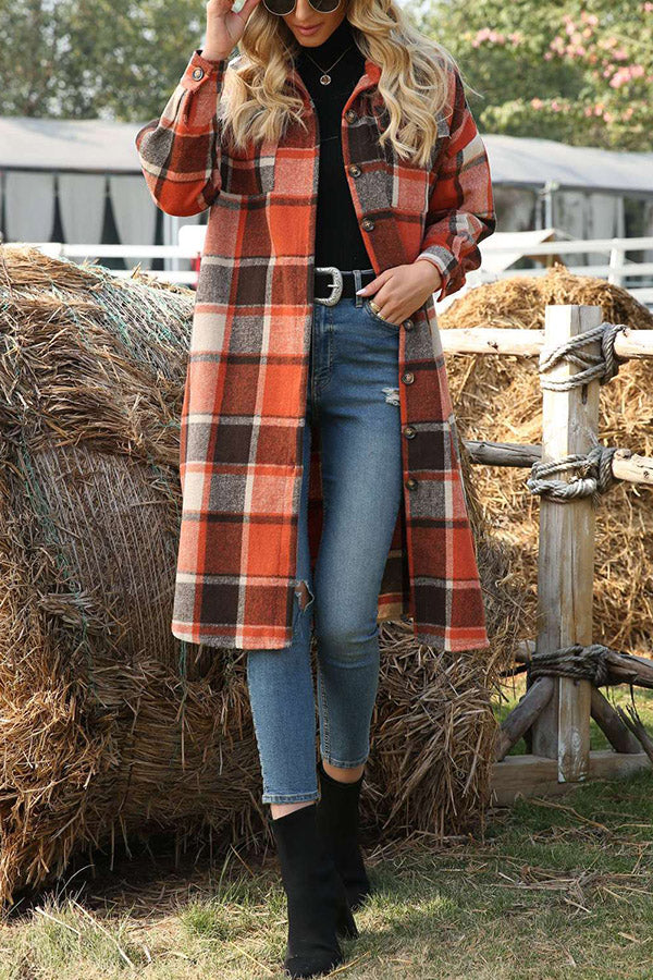 Plaid Lapel Loose Long Sleeve Woolen Trench Coat