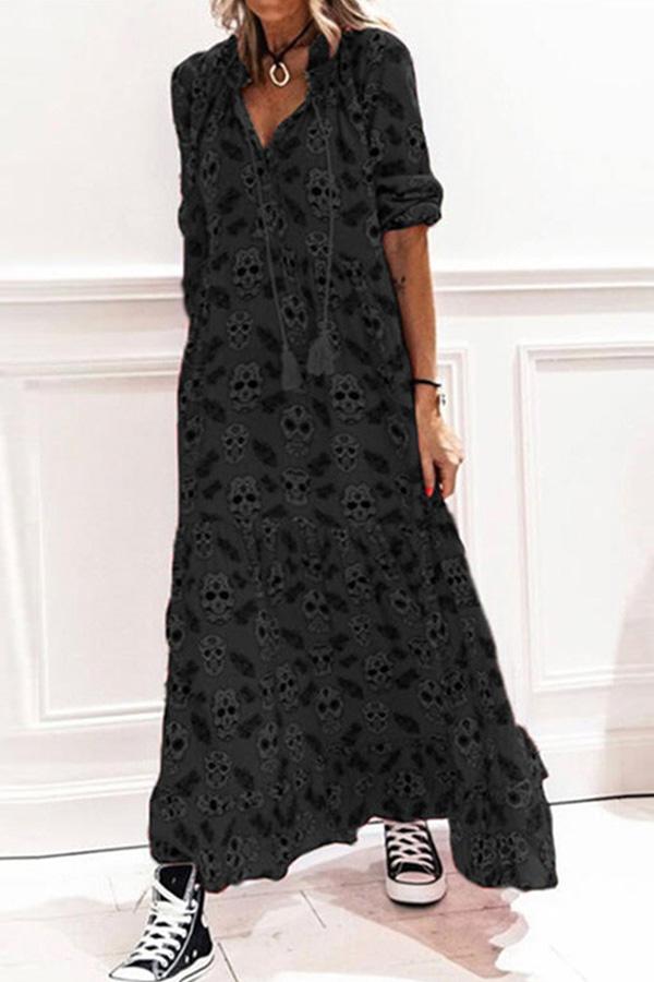 V-neck Casual Loose Medium Sleeve Long Skirt Dress