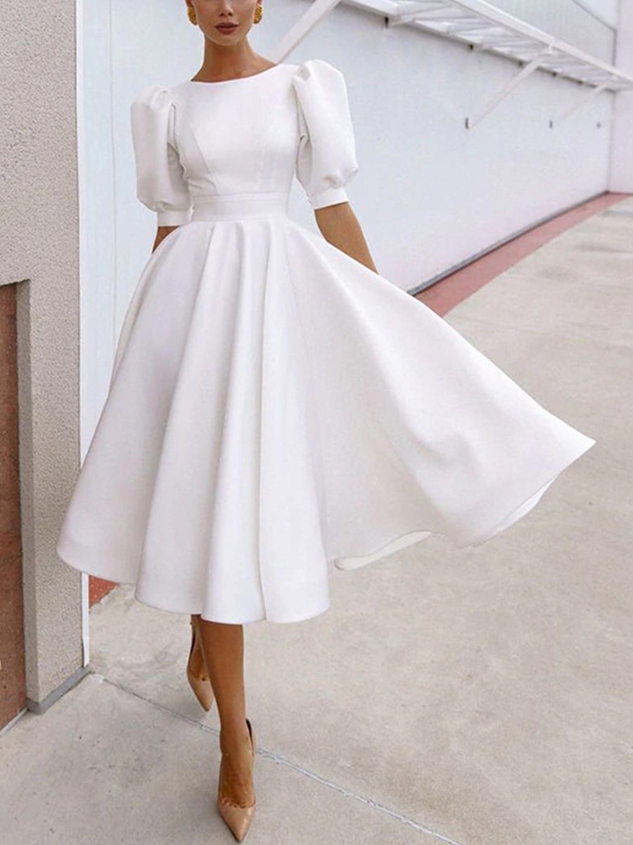 Glam Cutout Back Solid Puff Sleeve Midi dress