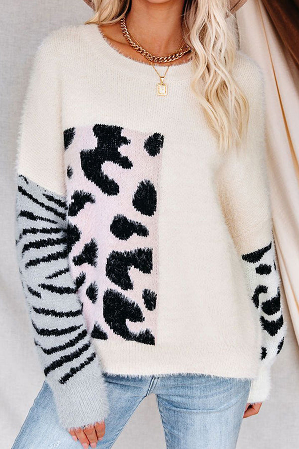 Color Contrasting Leopard Print Sweater