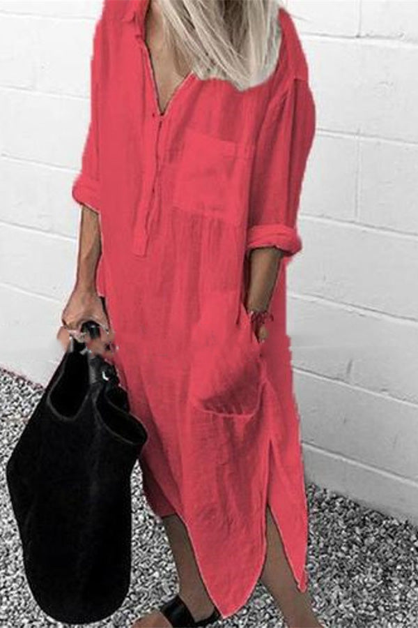 Elegant Solid Color Slit Shirt Dress