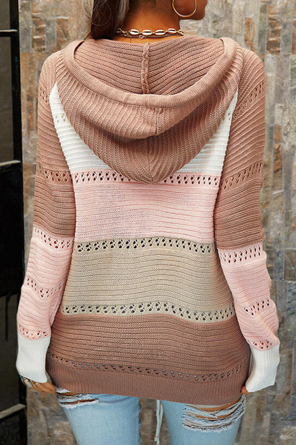 Color Contrast Lace-Up Hooded Sweater