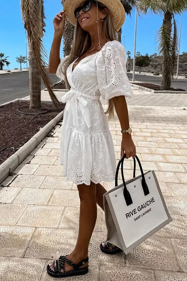V Neck Crochet Lace Mini Dress