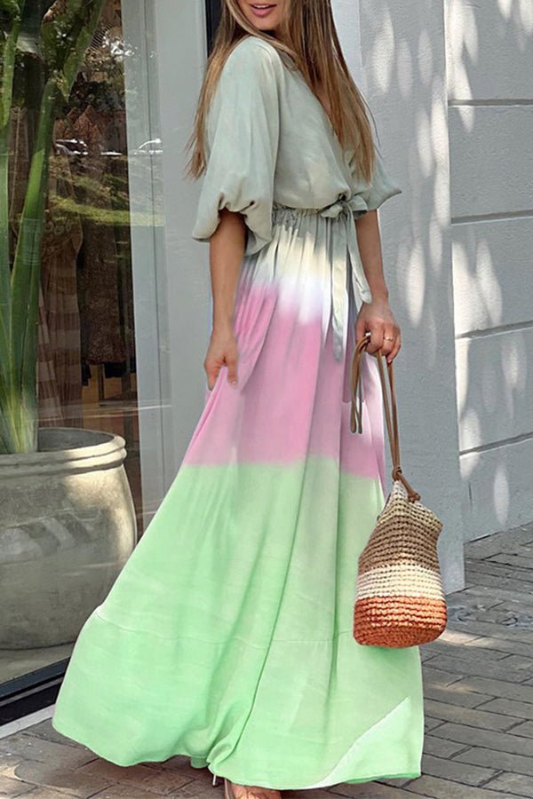 V-neck Tie-dye Gradient Puff-sleeve Maxi Dress
