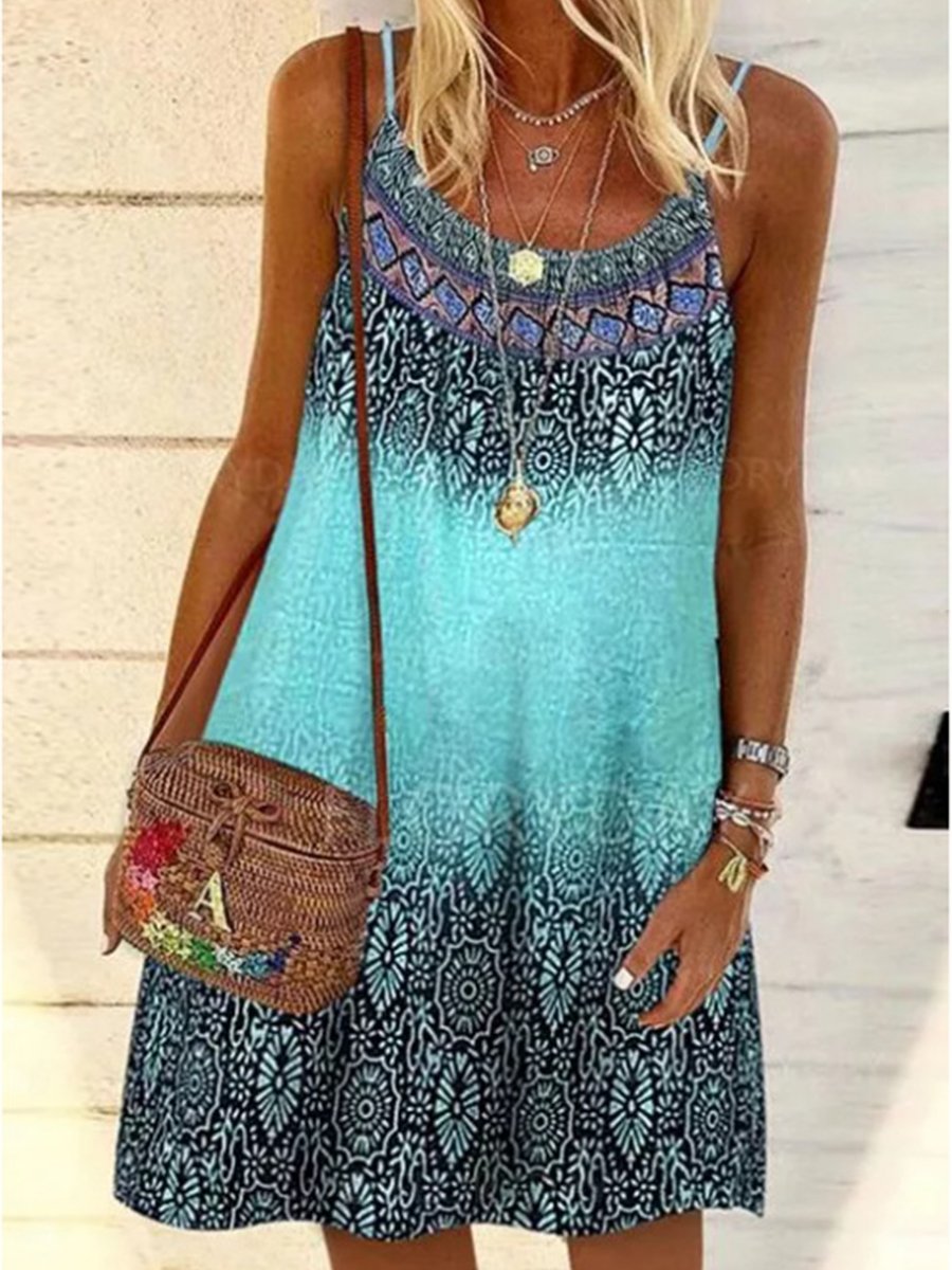 Casual Boho Print U-neck Sleeveless Beach Dress
