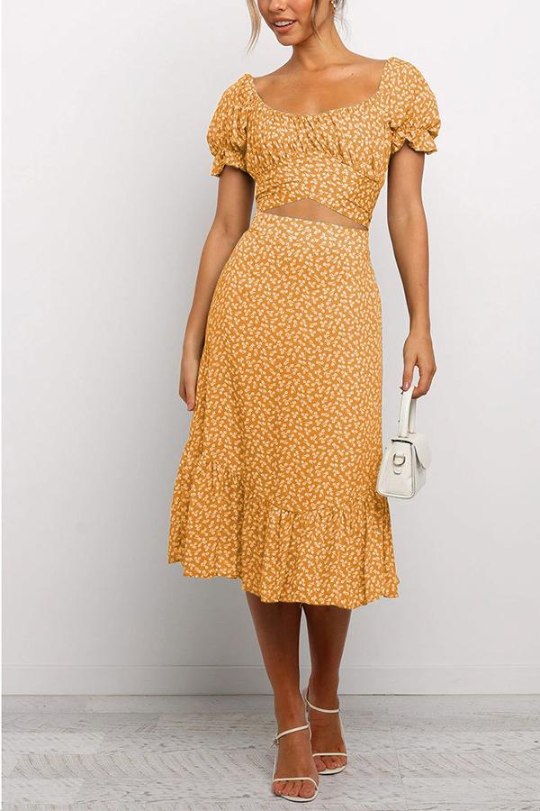 Floral Print Square Neck Puff Sleeve Dress Set