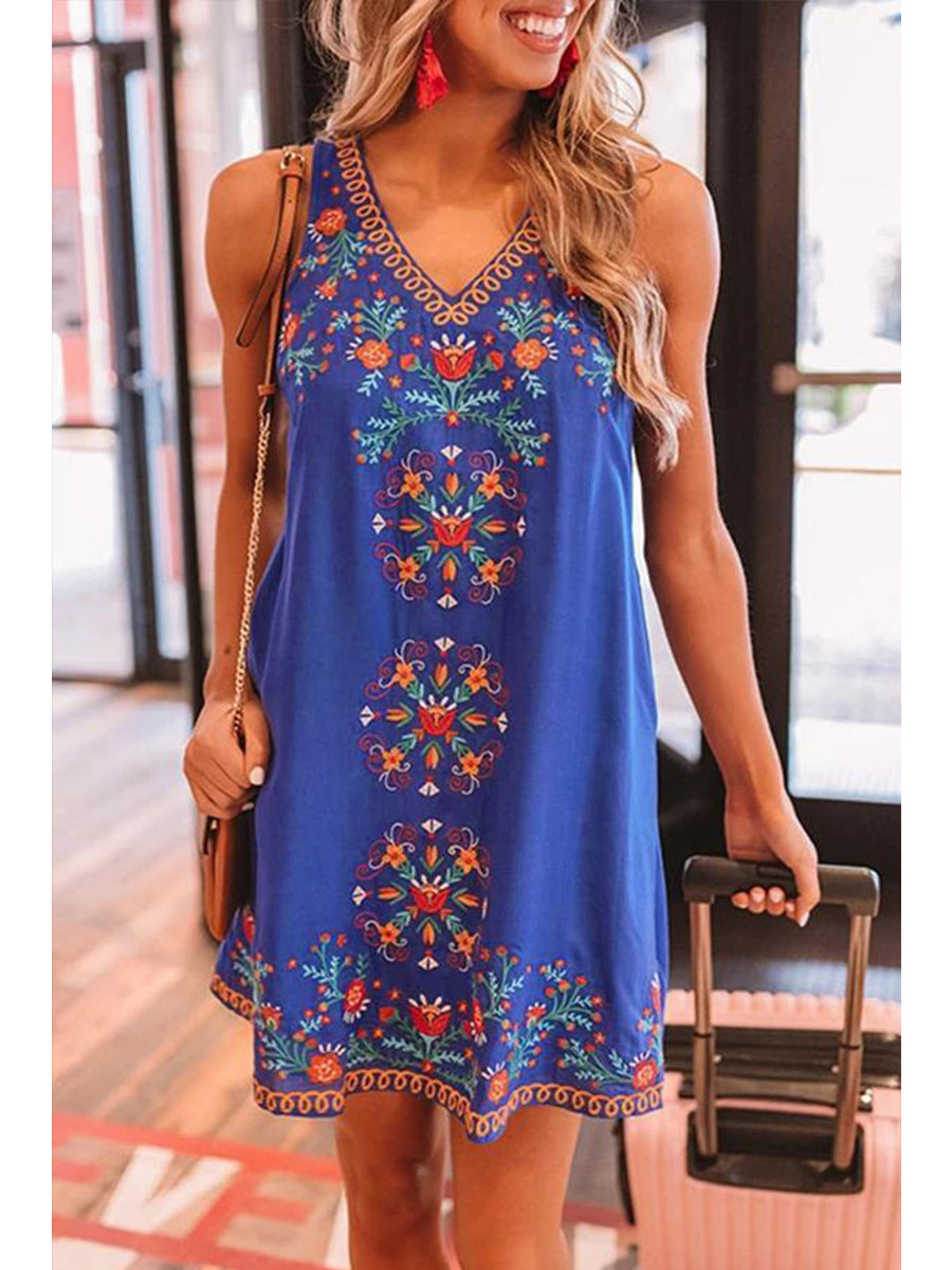 Ethnic Style Sleeveless V-neck Mini Dress