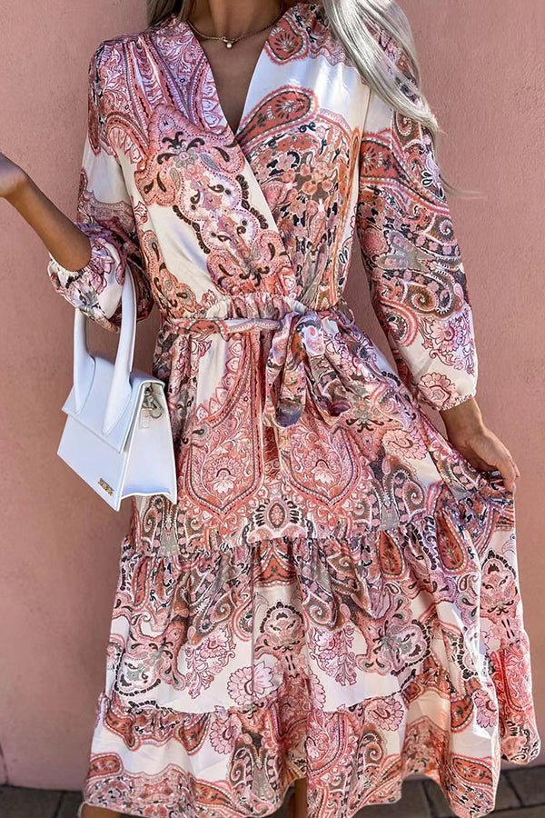 Printed V-Neck Tie Midi Dress