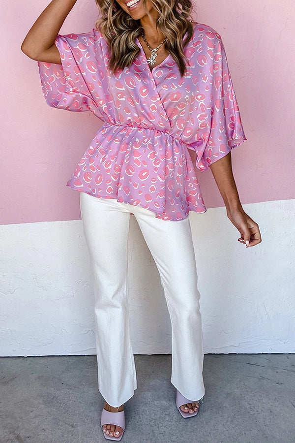 Printed V-neck bat sleeve waist closed casual women's top