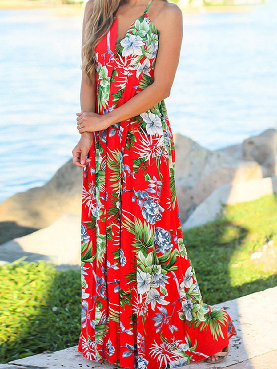 Beach Sling Leak Back Flower Print Maxi Dress