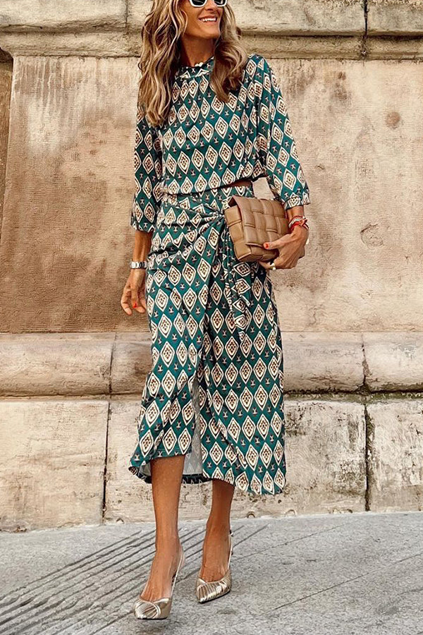 Printed Round Neck Long Sleeve Skirt Suit
