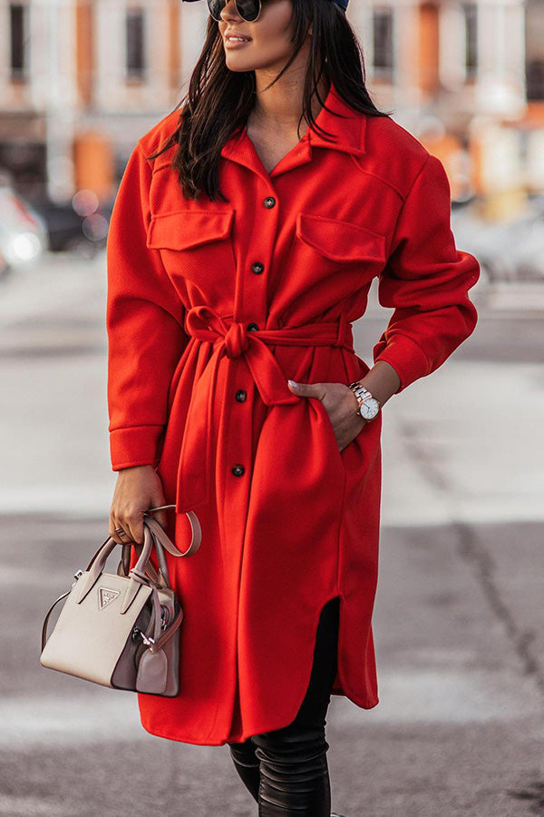 Pure Color Woolen Tie Trench Coat