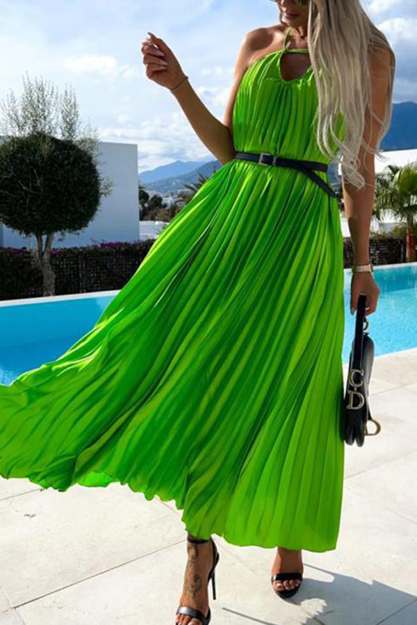 New Pleated Suspender Sweet Waist Closing Bohemian Long Dress