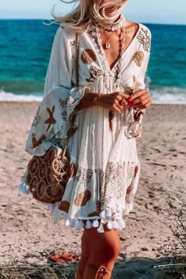 Deep V Neck Ruffle Sleeves Starfish Print Dress
