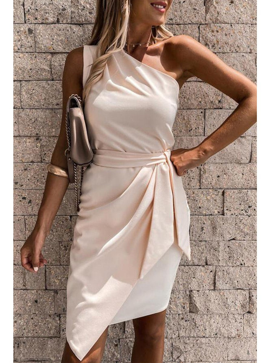 Solid Color One Shoulder Studs Party Dress