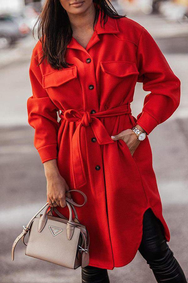 Pure Color Woolen Tie Trench Coat