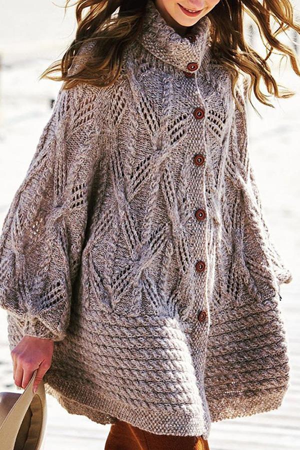 Casual High Neck Lantern Sleeve Knit Cape
