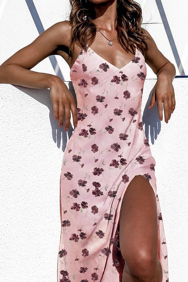 V-Neck Daisy Print Slit Calf-Length Sphagetti Dress
