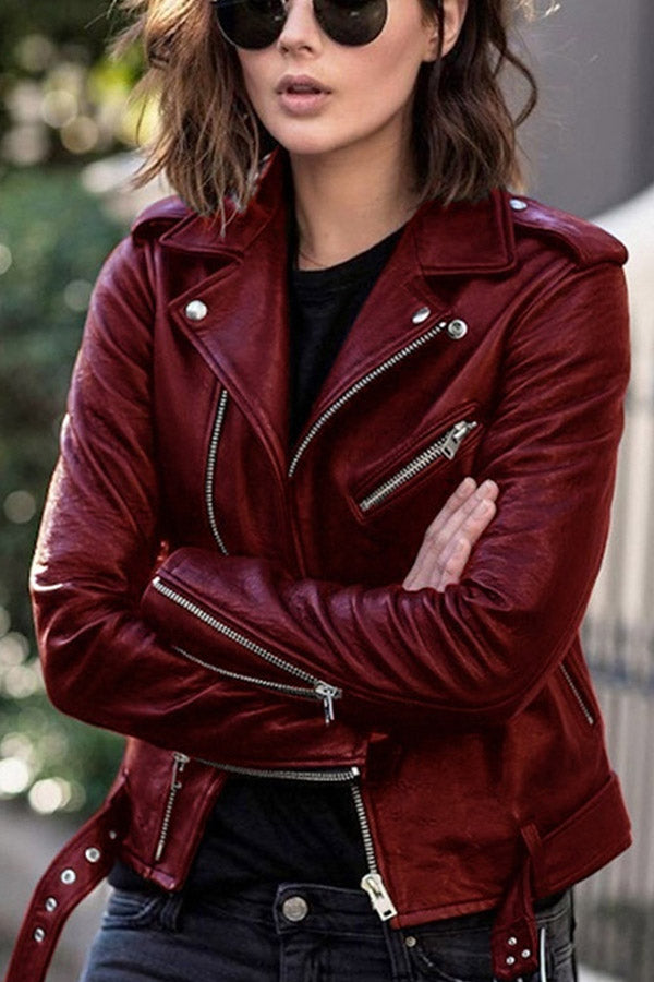 Punk Fitted Solid Lapel Faux Leather Jacket