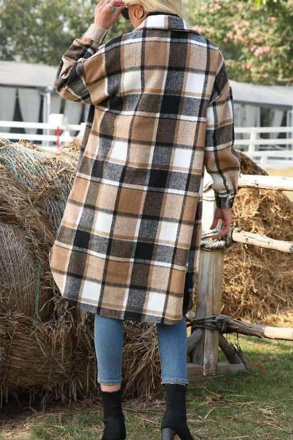 Plaid Lapel Loose Long Sleeve Woolen Trench Coat