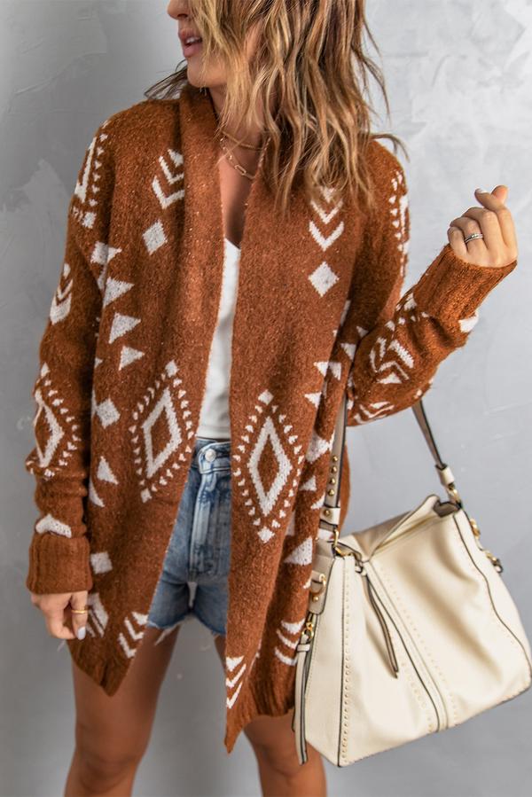 Aztec print Open Front Knitted Sweater