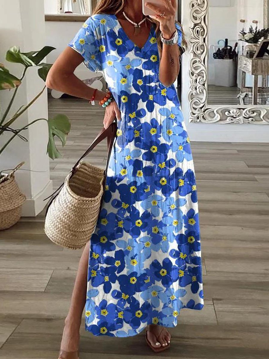 Stylish V-Neck Short Sleeve Printed Side Slit Maxi Dress