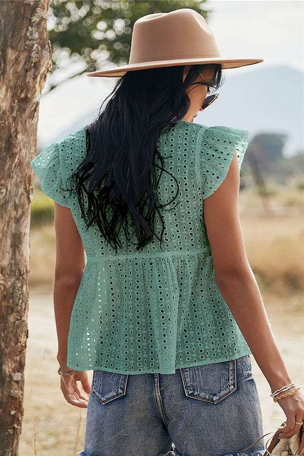 V-neck Lotus Leaf Sleeve Hollow Loose Women's Top