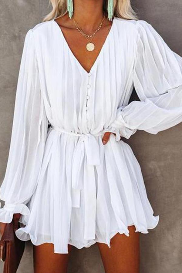 V-Neck Solid Color Pleat Chiffon Dress