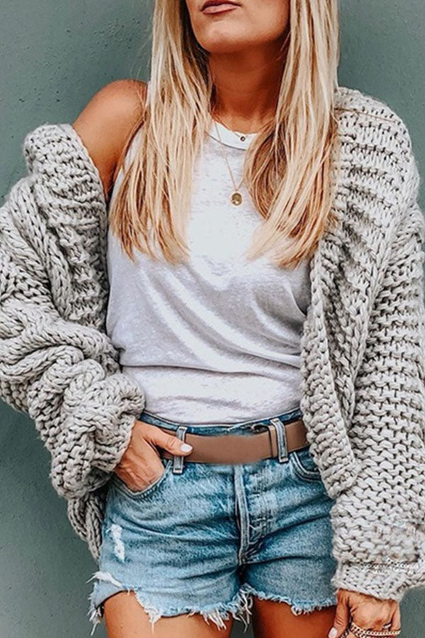 Solid Color Knitted Cardigan Hooded Jacket