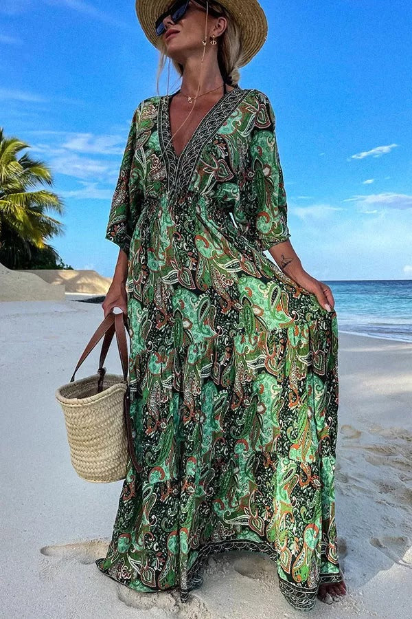 Ocean Sunset Paisley Print Boho Maxi Dress