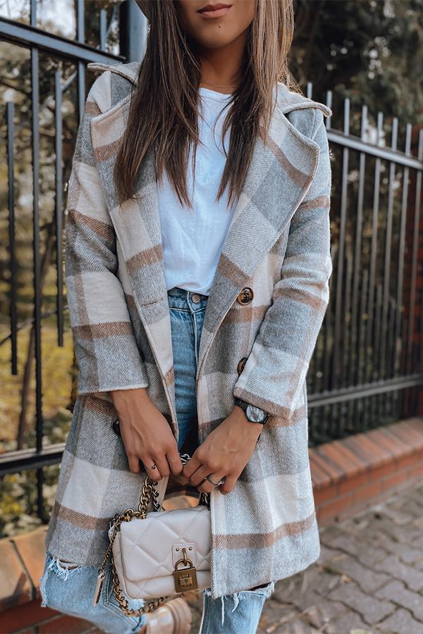 Double Row Button Checked Wool Coat