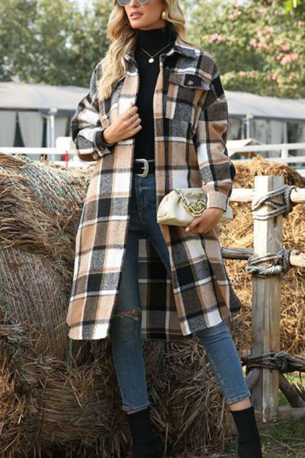 Plaid Lapel Loose Long Sleeve Woolen Trench Coat