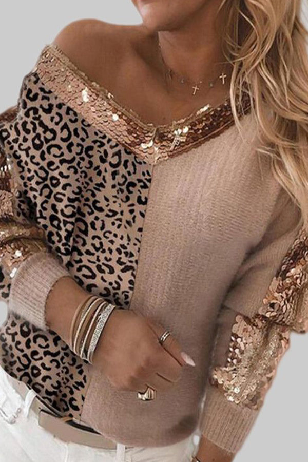 Multi Panel Autumn Winter Leopard V-neck T-shirt