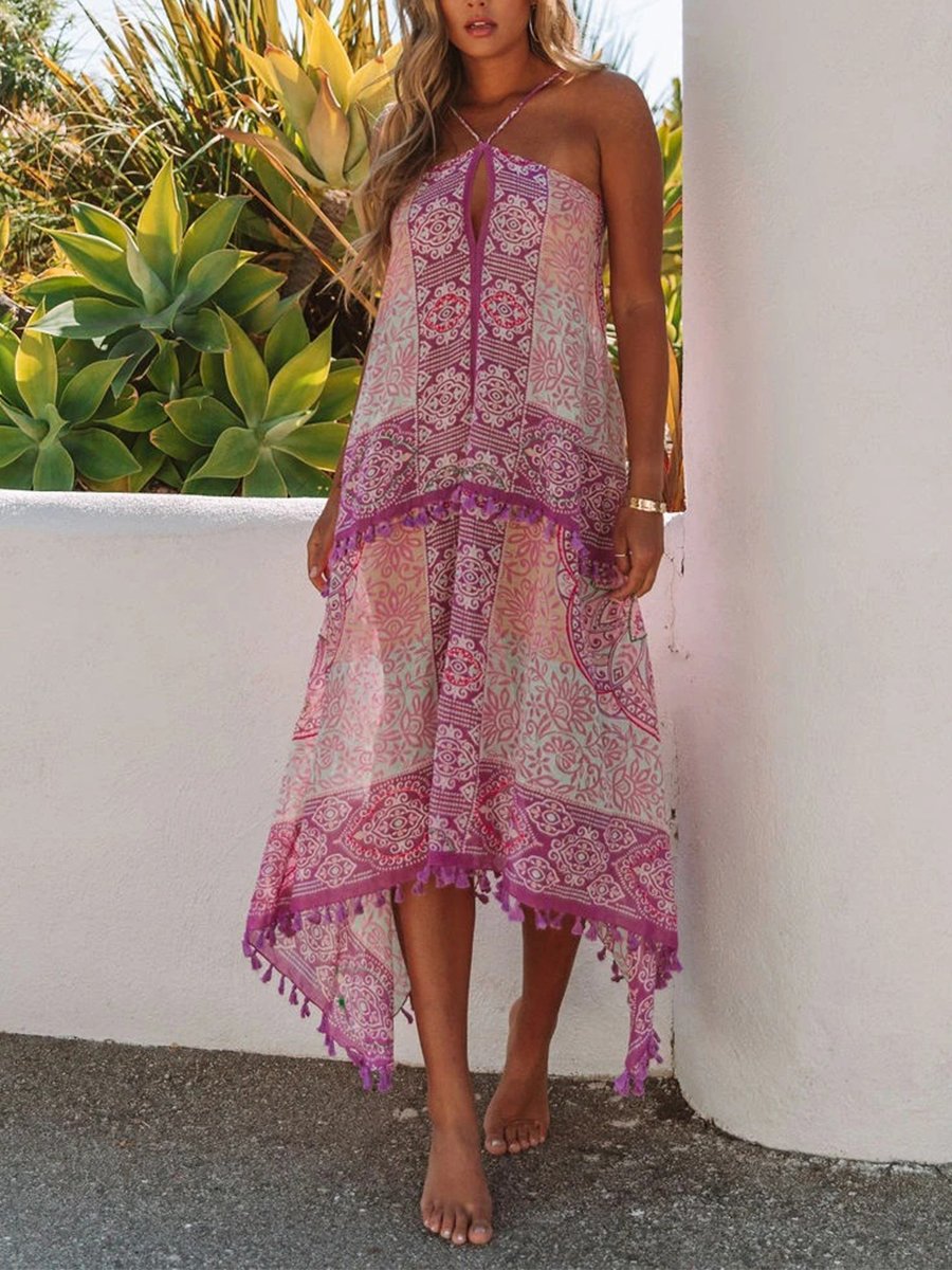 Bohemian Print Halterneck Strap Midi Dress