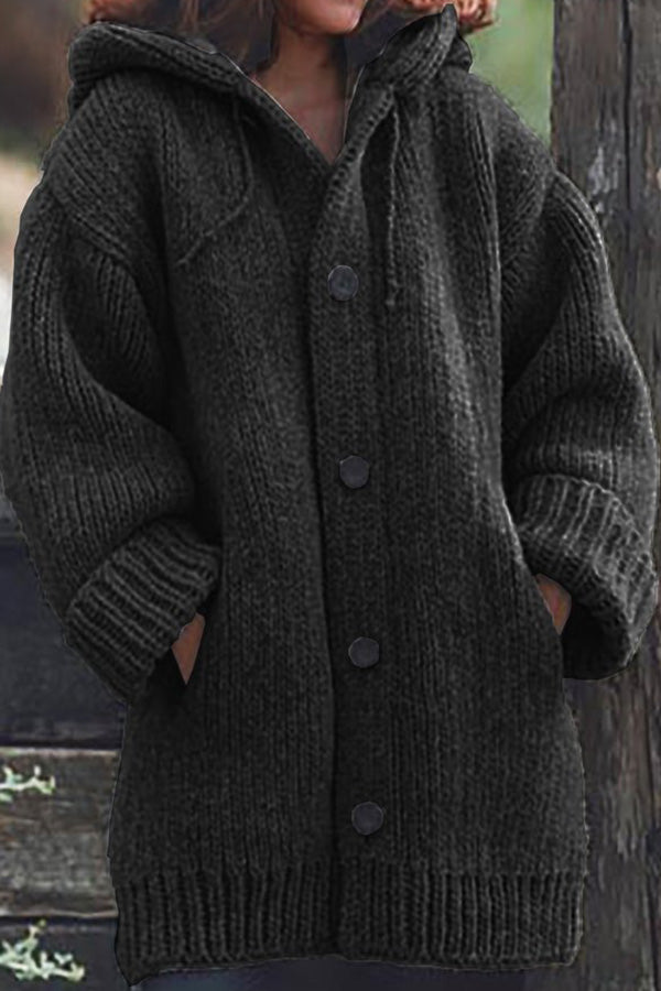Button Down Hooded Knitted Cardigan Plus Size Outerwear For Women